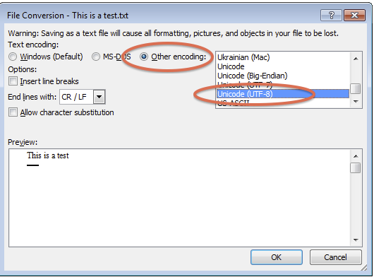 Save as dialog box with UTF-8 Encoding selected